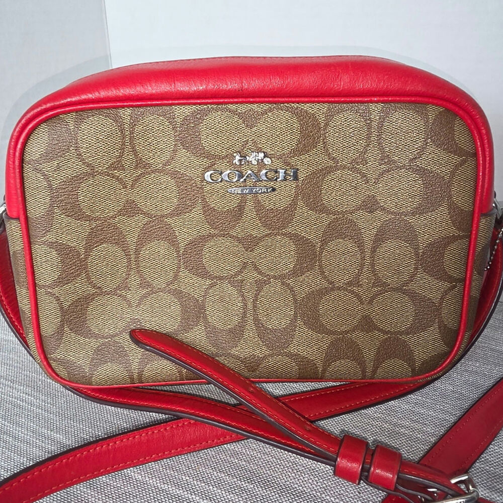Coach Signature Coated Canvas & Tomato Orange Leather Trim  Jamie Crossbody Bag